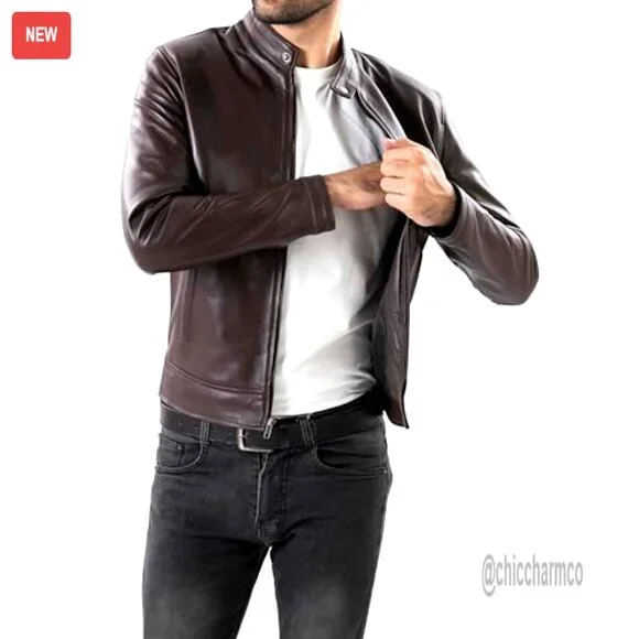 Men's Lambskin Leather Motorcycle Jacket Snap Tab Collar Quilted Lining